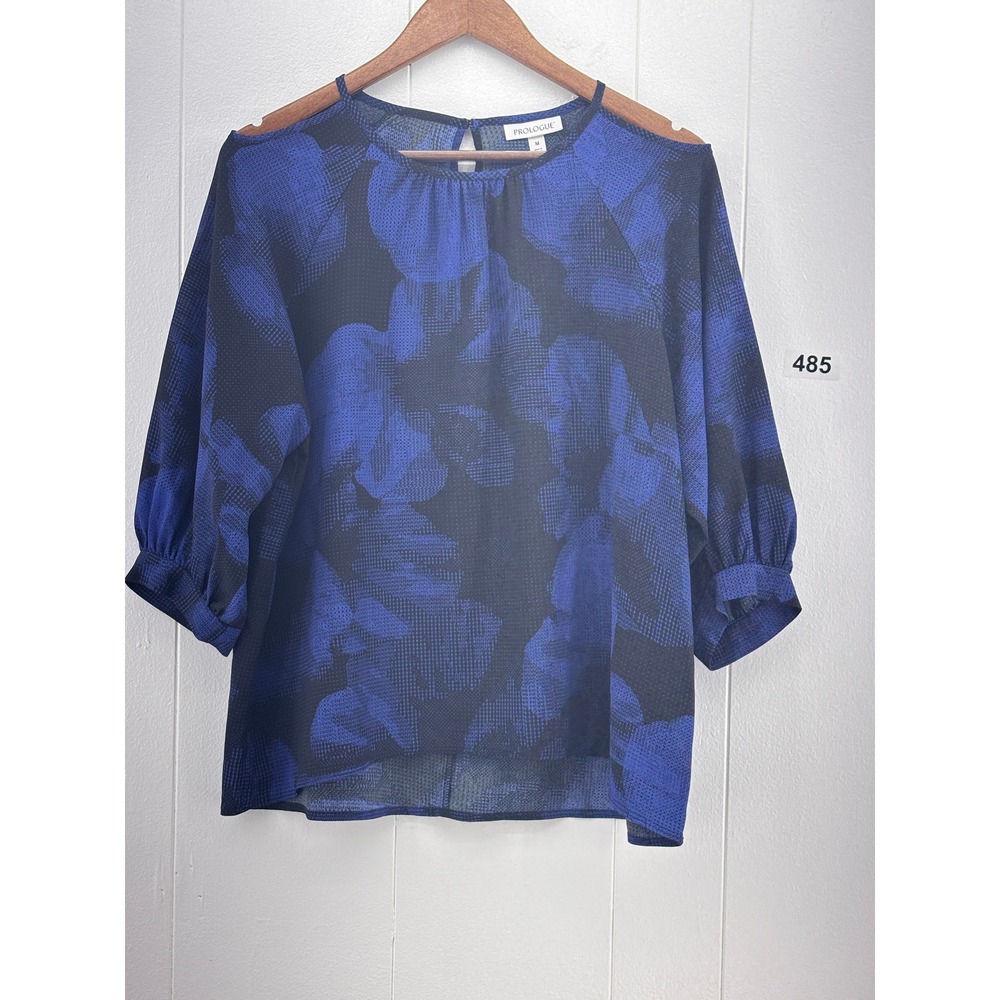 Prologue Women Blue Black Abstract Floral Cold Shoulder Blouse Top Size M